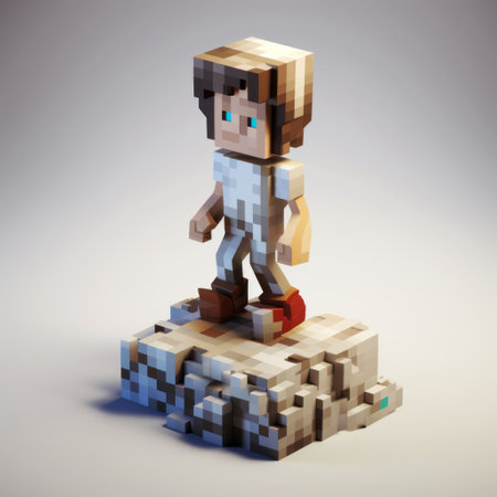 minecraft minifigure stands atop a hill in this realistic and hyper-detailed rendering. the charming character illustration is brought to life through the use of cinema4d, vray, and rustic materiality. the white and beige color scheme is complemented by flowing textures, creating a visually stunning image. keywords: minecraft, minifigure, hill, realistic, hyper-detailed, rendering, charming, character, illustration, cinema4d, vray, rustic, materiality, white, beige, ai generatedの素材