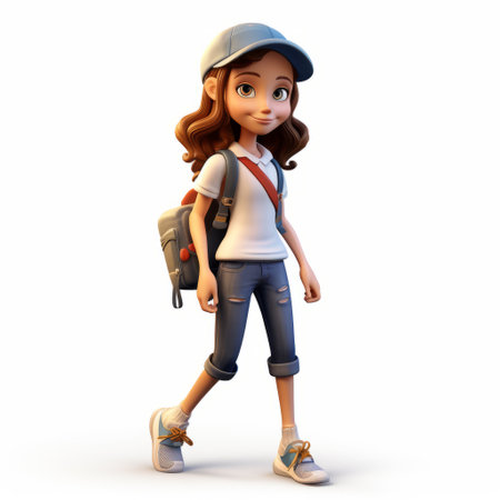 cartoon girl in white pants and hat with bag, in the style of bryce 3d. youthful protagonists in realistic and hyper-detailed renderings. rinpa school and danube school influence. 32k uhd adventure-themed illustration. ai generatedの素材