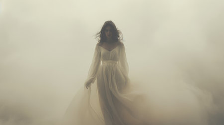 a romantic girl, dressed in white, stands amidst cloudy fog, embodying kate van suddese's haunting visuals. the underexposed image, with dark white and amber tones, features flowing fabrics, ev, ai generatedの素材