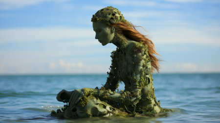 a white woman, adorned in a green moss body costume, sits immersed in water as she gazes at the vast ocean. this captivating photo showcases intricate costumes, decay and decayed elements, online sculpture, solarizing master techniques, earthcore influences, and photo-realistic details in high resolution. ai generatedの素材