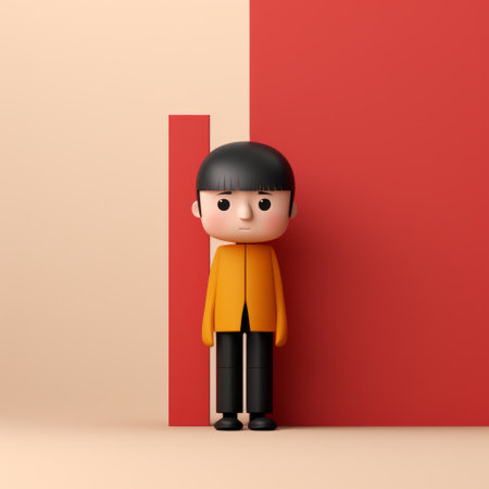 a 3d model of a boy wearing an orange suit and white pants is depicted standing beside a vibrant yellow and red door. this monochromatic minimalist portrait showcases the hallyu trend, incorporating elements of cuteness and vibrant colors. inspired by mingei style, the design exudes a distinctive character with its naive and childlike aesthetics. the matte background adds depth to this eye-catching composition. ai generatedの素材