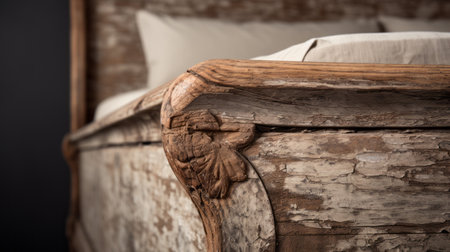 an antique bed with intricate carvings is showcased in this image. the raw texture and selective focus highlight its unique features. the danish design influences are evident in the organic and naturalistic compositions. foreshortening techniques add depth to the visual appeal. weathercore elements and deconstructive elements enhance its overall charm. ai generatedの素材