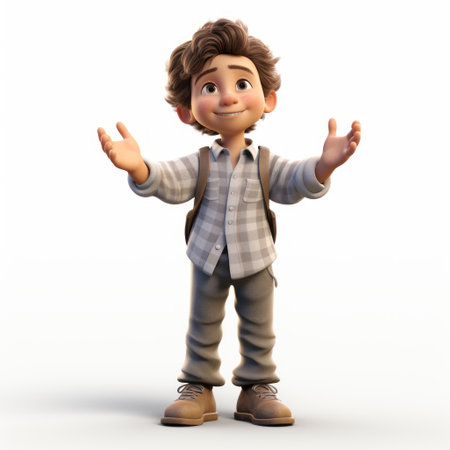 cartoon character in vray style posing on the floor with hands spread wide, showcasing gentle expressions. the highly realistic image features a lit kid with a handsome appearance, dressed in white and beige. the quito school-inspired artwork is both playful and charming. keywords: cartoon, vray, gentle expressions, realistic, lit kid, ai generatedの素材