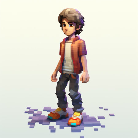 old man pixel art for minecraft game, rendered in cinema4d. charming anime character with colorful sidewalk scenes. realistic hyper-detailed rendering in light purple and orange. lit kid in daz3d style. ai generatedの素材