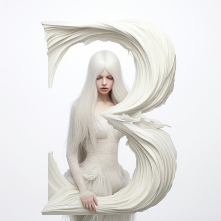 a woman in white with long hair holds an inflatable letter c, showcasing ethereal biomorphism and intricate costumes. this contemporary portrait photograph captures her elegance, complemented by the use of zbrush and bentwood techniques. the monochromatic color scheme adds to the overall aesthetic appeal. ai generatedの素材