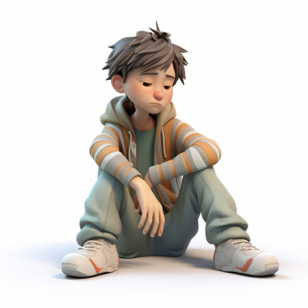 3d character in black clothing sitting on the ground, exuding child-like innocence. rendered in maya, this youthful protagonist showcases a unique style with light orange and light gray hues. the striped, highly textured design adds depth to the character's appearance, complemented by a color palette of light gray and teal. ai generatedの素材