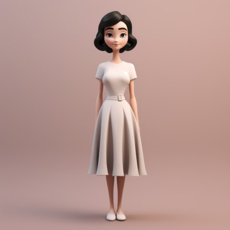 a 3d illustration of a cartoon character wearing a white dress in the style of classic glamour and classic japanese simplicity. this studio portrait showcases a detailed character design, reminiscent of sheet film from the 1960s. ai generatedの素材