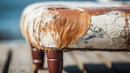a brown and white fabric-covered ottoman with a pulled, scraped, and scratched style, reminiscent of marine painter techniques. this close-up shot showcases the unique design of the bentwood structure, capturing the essence of urban decay with a bright luster. inspired by the works of scarlett hooft graafland. ai generatedの素材