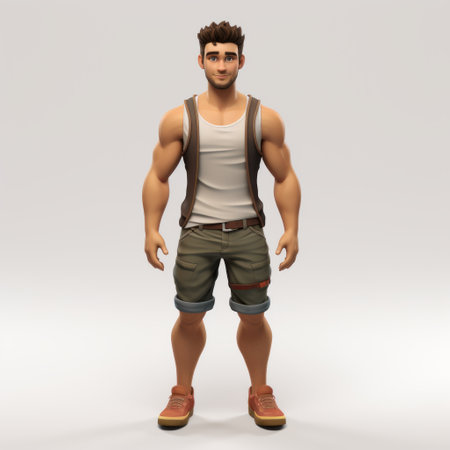 3d model of a casual style man standing with a strong facial expression, in an adventure-themed setting. the youthful protagonist is depicted in a large-scale muralist with realistic perspective and cartoonish realism, showcasing detailed features. ai generatedの素材