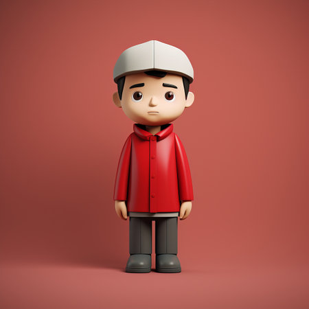 character figurine model in the style of liu ye, a digital illustration by bill gekas. this 3d print features a cartoonish character design with an oriental minimalism aesthetic, portraying a realistic portrayal in dark red and light gray. ai generatedの素材