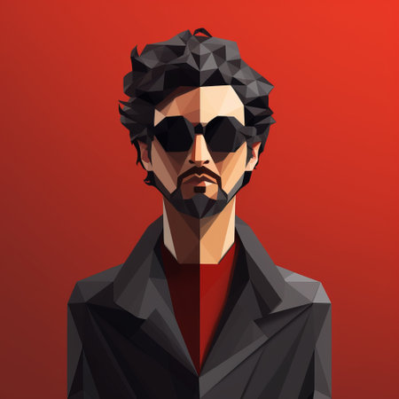 man in brown jacket and sunglasses, low poly style, minimalist graphic designer, portrait with hidden meanings, inspired by alejandro jodorowsky and stanley kubrick, matte background. ai generatedの素材