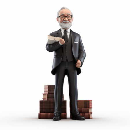 3d illustration featuring wealthy portraiture style concept art for digital books. playful characters in grandparentcore fashion are elegantly formal. the full-body composition is captured with a fujifilm x-t4, showcasing piles of books in the background. ai generatedの素材