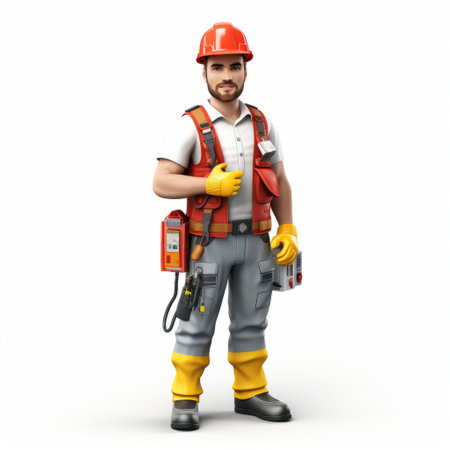 construction worker 3d model with detailed character illustrations inspired by bartolome esteban murillo. this charming and realistic depiction showcases bright colors, intricate details, and a vibrant rendering. shot on fujifilm pro 400h, the image features captivating shades of red and orange. ai generatedの素材