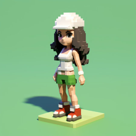 pixel model of a woman wearing shoes in adorable toy sculpture style with manga influence. hyper-realistic details and sun-soaked colors in dark white and green. m42 mount and cartoon mis-en-scene add to the unique aesthetic. ai generatedの素材