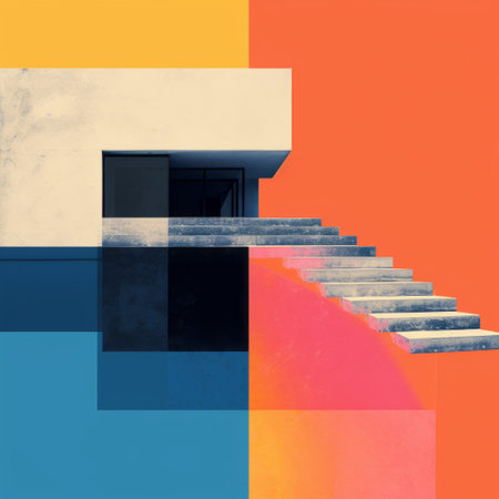 john bernitz's illustration for a design issue showcases the cross-processing style with a touch of concrete brutalism. the vibrant orange and blue hues, reminiscent of bauhaus photography, create a striking juxtaposition of light and shadow. the moody colors and high-quality execution make for a captivating visual experience. ai generatedの素材