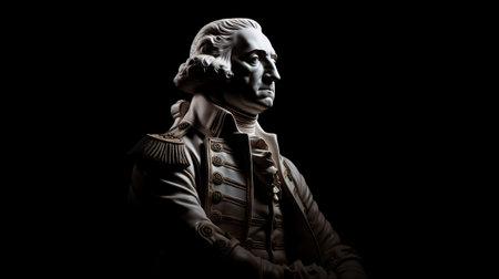 george washington, standing in a white jacket, is depicted in a zbrush-style studio portrait. the high-contrast lighting emphasizes precise nautical details on the rubber sculpture. this military and naval scene captures the historical figure with striking realism. ai generatedの素材