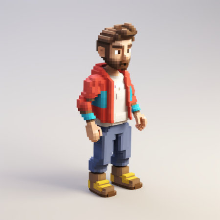 a pixel artist wearing a red shirt showcases their detailed character design skills in the style of 3d. inspired by alex hirsch, this colorful and playful artwork features a combination of light brown and blue tones. the highly textured elements bring depth and realism to the scene, enhanced by the use of vray rendering technology. ai generatedの素材