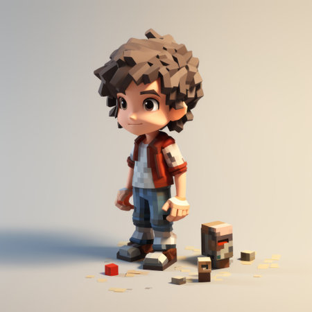 a minecraft boy stands next to blocks in a realistic hyper-detailed rendering. the charming character illustrations and organic sculpting bring life to the scene, while rusty debris adds a touch of authenticity. the neo-geo style enhances the overall aesthetic, showcasing realistic details that appeal to fans of babycore. ai generatedの素材