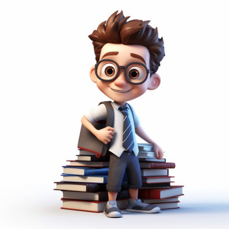 boy with glasses stands proudly by stacks of books. the detailed character design exudes understated sophistication, drawing inspiration from warren buffet and playful cartoons. created using bryce 3d, this lucid development is full of creases and subtle nuances that give it depth and personality. keywords: boy, glasses, books, character design, warren buffet, playful cartoons, bryce 3d, lucid developments, understated sophistication, creased. ai generatedの素材
