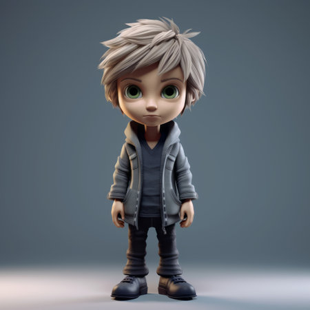 cartoon boy in black outfit and grey coat with green eyes, in the style of hard surface modeling. light silver and dark azure colors create a cute cartoonish design. the character is reminiscent of works by kevin hill, anna dittmann, and george lucas. ai generatedの素材