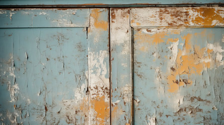 blue antique wooden cabinet with rusty texture and layered paint in dark yellow and light white. the soft brushstrokes and subtle color contrasts emphasize the panel composition mastery. the subdued color palette adds to the vintage charm of the piece. ai generatedの素材