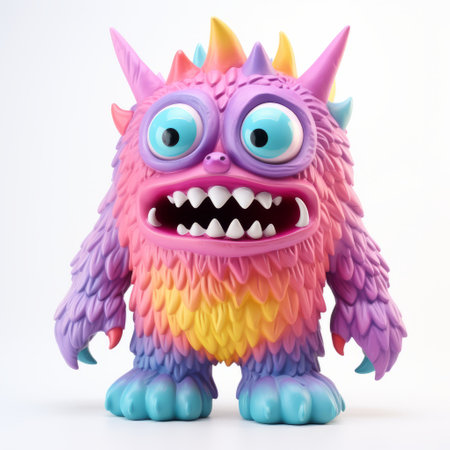 the big blue monster, a custom vinyl toy by jeff deprez, features a light orange and magenta color scheme with detailed character expressions. the ambient occlusion and lensbaby effect add depth to the spiky mounds and cartoon-like characters, while the light magenta and yellow hues enhance the overall aesthetic. ai generatedの素材
