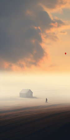 a person walking across a field towards an old wooden house in the background, captured in the ethereal minimalism style of igor zenin. the scene has a dreamy quality with mist-like white and orange tones, reminiscent of even mehl amundsen's romantic dramatic landscapes. keywords: person, field, wooden house, igor zenin, ethereal minimalism, dreamy quality, white, orange, mist, even mehl amundsen, romantic dramatic landscapes. ai generatedの素材