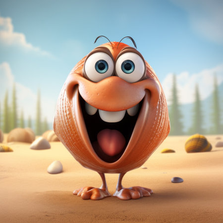 cartoon character with a funny voice, showing teeth, in hyperrealistic fauna style, rendered in cinema4d. beach portraits by mandy disher, featuring focus stacking. the character's teeth are light red and light orange. ai generatedの素材