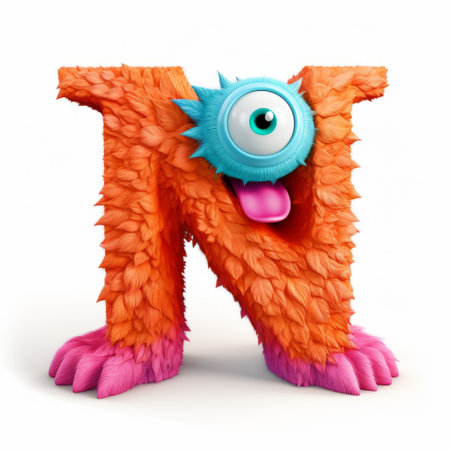a large orange letter "n" with a playful monster perched on top, rendered in the vibrant style of vray. the image showcases a creative use of texture, combining light magenta and light azure hues. captured using the zeiss batis 18mm f/2.8 lens and enhanced with zbrush, this eye-catching design features innovative page layout and intricate detailing. ai generatedの素材