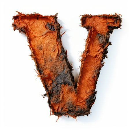 a realistic sculpture of a red dipped egg yolk forms the letter v, resembling a burned and charred texture. the attention to detail in the fur and feathers adds depth to this post-apocalyptic artwork. with textural explorations and trashcore influences, the orange and brown hues create a captivating visual experience. ai generatedの素材
