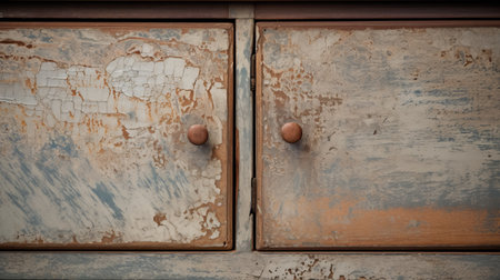 open cabinet doors with two painted handles and dents, captured in an abstract photography style. this grungy patchwork showcases faded palates of light indigo and brown, complemented by a touch of terracotta. the photo was skillfully taken using a nikon d750 by the talented photographer cathy wilkes. ai generatedの素材