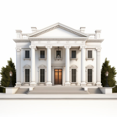 historical white house with stairs and columns, classical symmetry, american scene painting, poured resin, vray tracing, dark bronze, luxurious opulence, and subtle lighting contrasts. ai generatedの素材