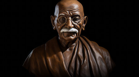 a brown sculpture of gandhi wearing glasses, crafted in the style of hyperrealistic sculptures. this high dynamic range artwork showcases intricate details with its 8k resolution. created using traditional craftsmanship, it features smooth and curved lines on a black background, reminiscent of a marble sculpture. ai generatedの素材