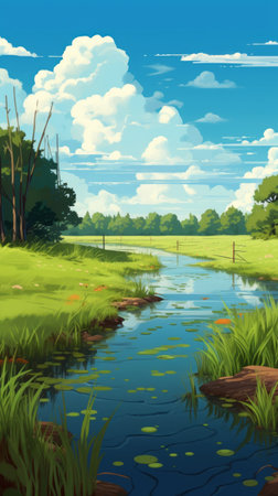 a landscape illustration showcasing an open hilly countryside, featuring hyper-realistic water and flat brushwork. this uhd image captures the essence of romantic riverscapes with a touch of dmitry spiros' artistic style. the simplistic cartoon elements blend seamlessly with naturalistic depictions of flora and fauna, creating a captivating visual experience. ai generatedの素材