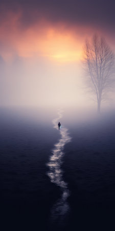 a single tree stands alone on a foggy path, creating a dreamlike atmosphere. this minimalist figuration captures dramatic diagonals, evoking a sense of solitude and introspection. the photo, taken with a nikon d750, showcases melancholic self-portraits amidst luminous reflections. it beautifully embodies the essence of dutch landscapes. ai generatedの素材