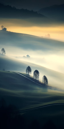 a misty fog envelops the landscape, creating an ethereal atmosphere in this captivating portrait of trees. inspired by the artistic style of filip hodas, this photograph presents a cold and detached ambiance. it showcases the charm of idyllic rural scenes with flowing lines reminiscent of italian landscapes. shot on 70mm film, the backlit photography beautifully captures the serene and mysterious essence of nature. ai generatedの素材