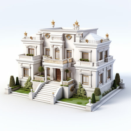white building with stairs, elaborate gilding, classical symmetry, and delicate landscapes. persian miniature-inspired 3d model with meticulous design and common materials. rich and immersive architectural style. ai generatedの素材