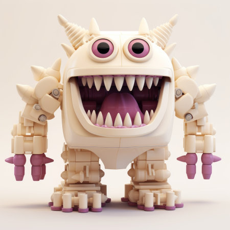 lego monsters monster of the day is a conceptual digital art piece featuring a light beige and violet color scheme. the structured chaos and realistic rendering give it a cute and quirky feel, while the technological design adds a touch of ivory. ai generatedの素材