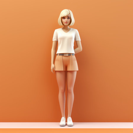 3d model of a woman in yellow shorts against an orange background, inspired by portrait miniatures and charming anime characters. this artwork showcases the expertise of an indonesian artist specializing in object portraiture. the clean and streamlined design features a full-body representation with a captivating blend of dark white and light beige tones. ai generatedの素材