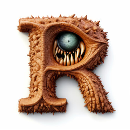 3d letter r with evil eyes and spikes, photographed in a realistic and naturalistic style reminiscent of portraitures by robert munsch and bernie wrightson. the playful illustrative style adds a unique touch to the wood-textured letter, perfect for website use. ai generatedの素材