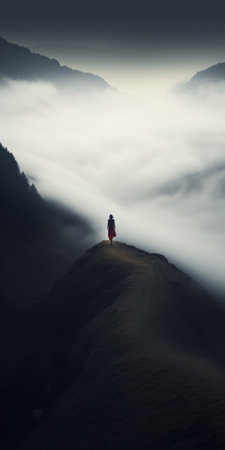 the man on the hill, surrounded by fog, creates a striking image in dark cyan and red tones. this minimalist photograph showcases ethereal sculptures and breathtaking mountainous vistas. with its 8k resolution, black and white imagery, and epic fantasy scenes, this photo mesmerizes with its captivating atmosphere. ai generatedの素材