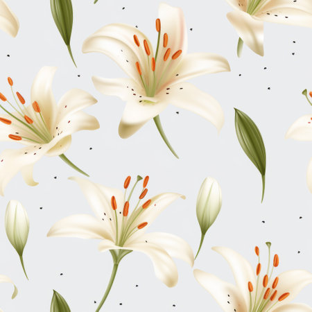 seamless pattern featuring lifelike flowers on a gray background. this precise and realistic design showcases the skillful use of light and color, with a combination of light gold and white hues. created using liquid emulsion printing, the pattern also incorporates light white and sky-blue tones. the result is an iconic, smooth, and shiny composition. ai generatedの素材