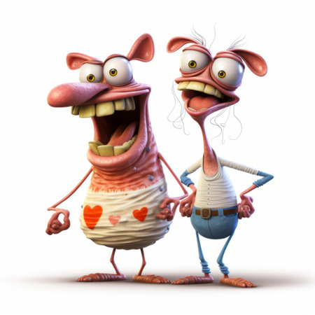 cartoon couple holding hands, dressed in heart-themed outfits, in zbrush style. humorous animal scenes with explosive pigmentation and exaggerated expressions. wimmelbilder and tangled nests sculpted in a playful manner. ai generatedの素材