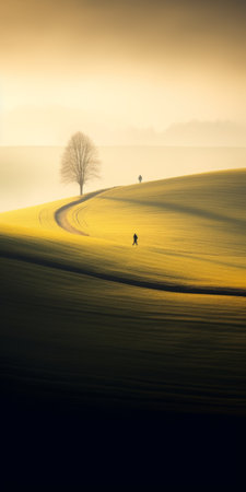 a man walks down a road near a lone tree, captured in the style of layered impressionistic landscapes. the backlit photography showcases emotive fields of yellow and green, reminiscent of the dusseldorf school of photography. the image evokes the essence of time-lapse photography and the emotive qualities found in slovenian paintings. ai generatedの素材