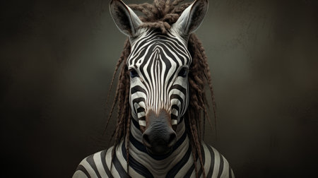 zebra head art portrait in black and white, playful body manipulations, detailed costumes, bold colorism, daz3d, national geographic photo, dark white and brown, enigmatic characters. ai generatedの素材