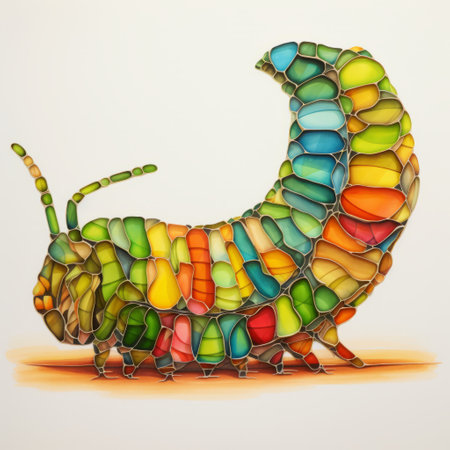 caterpillar with a colorful pattern on its back, rendered in the cubist style with shattered planes of light yellow and emerald. this delicate pencil sketch is reminiscent of stained glass art by jonathan wolstenholme, chen zhen, and jay anacleto. ai generatedの素材