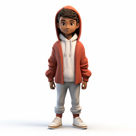 a young cartoon character is depicted in this highly detailed zbrush-style image. the character wears an orange sweatshirt and sneakers, reminiscent of the young british artists ybas. shot on 70mm film, the light maroon and white colors give a nod to the harlem renaissance. the child-like innocence of the character adds charm to this playful image. keywords include cartoon, zbrush, ybas, 70mm film, harlem renaissance,の素材