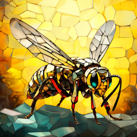 honey wasp, an insect resembling a glass sculpture, showcases abstract cubism with vibrant pixel-art colors. its realistic depiction captures the interplay of light and shadow, creating a stained glass effect. the highly detailed illustrations in a painterly style by patrick brown enhance its artistic appeal. ai generatedの素材
