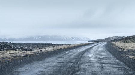 foggy road on a foggy day captured in the style of even mehl amundsen. expansive landscapes and detailed marine views are depicted in light blue and light black hues. the tokina at-x 11-16mm f/2.8 pro dx ii lens captures the panoramic scale and painterly quality of the scene. ai generatedの素材
