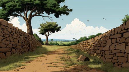 stone wall in the background of a fictional landscape, featuring detailed character illustrations in a graphic novel style. the southern countryside setting is depicted in the uhd image, with rectangular fields adding to the scenic view. the artwork is reminiscent of thechamba's signature style. ai generatedの素材